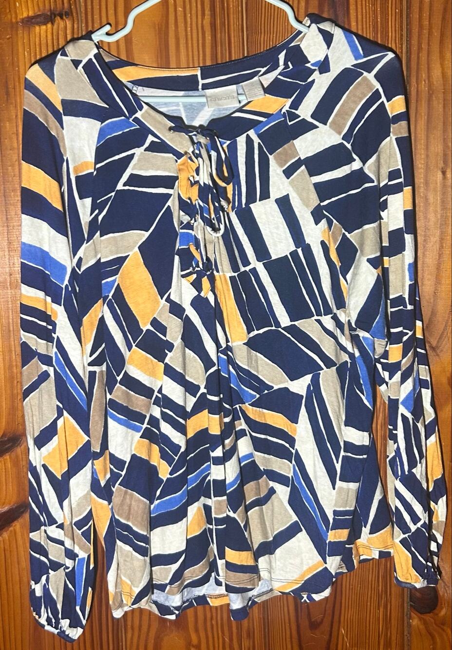 Chicos Women Long Sleeve Top Size 3 XL Grommet Tie Shirt Blue Orange Geometric